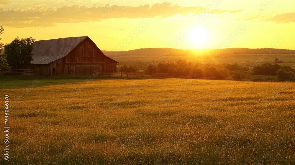 A serene sunset over a golden field with a rustic barn in the background. A serene sunset over a golden field with a rustic barn in the background.