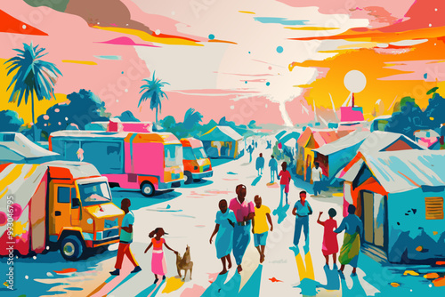 Colorful Market Street Scene at Sunset with Busy Pedestrians