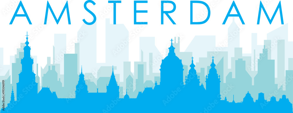 Obraz premium Blue panoramic city skyline poster with bluish misty transparent background buildings of AMSTERDAM, NETHERLANDS