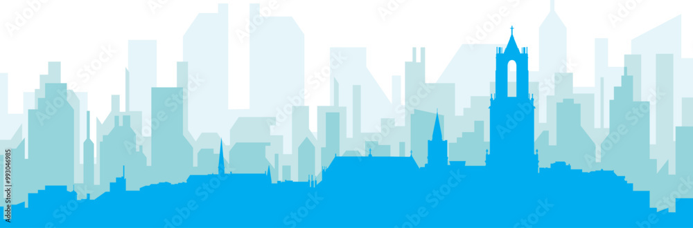 Naklejka premium Blue panoramic city skyline poster with bluish misty transparent background buildings of UTRECHT, NETHERLANDS