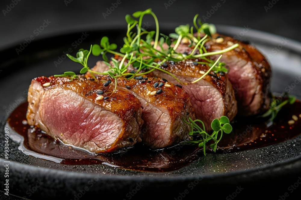 Glazed Duck Breast Slices with Sesame Seeds and Microgreens on a Black Plate Glazed Duck Breast Slices with Sesame Seeds and Microgreens on a Black Plate