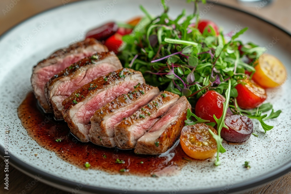 Sliced Grilled Meat with Sauteed Vegetables and Greens Sliced Grilled Meat with Sauteed Vegetables and Greens