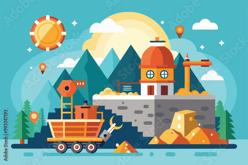 A vibrant mining site features hills, a sunny sky, and a cart collecting gold and minerals, Customizable semi-flat illustration with hidden mining.