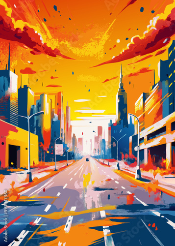 Vivid Sunset Skyline Over Urban Cityscape Illustration