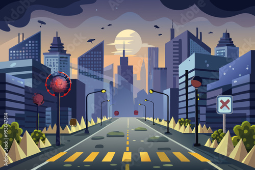 Deserted Cityscape at Twilight with Mysterious Orbs and Birds