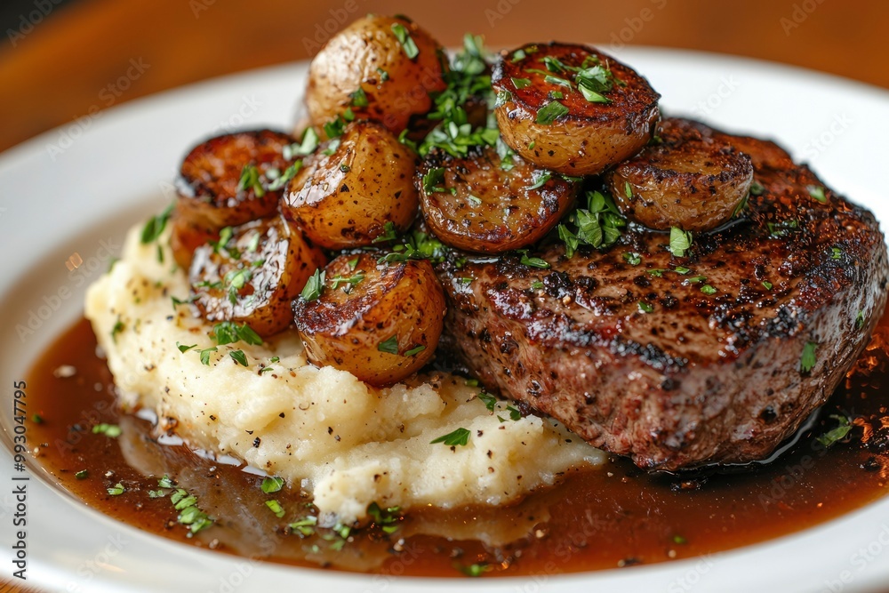 Grilled Steak with Mashed Potatoes and Roasted Potatoes Grilled Steak with Mashed Potatoes and Roasted Potatoes