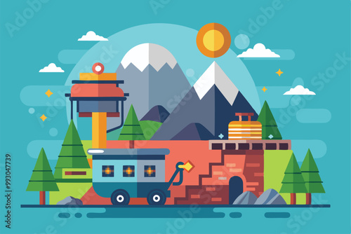 A mining cart and equipment are set against stunning mountains and vibrant greenery, capturing outdoor industry, Customizable semi-flat illustration with hidden mining.