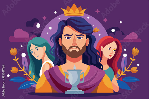 A king with a crown shows jealousy as two women stand behind him in a colorful, semi-flat illustration, Customizable semi-flat illustration with jealousy theme.