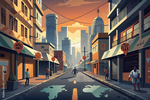 Sunset Ambiance in a Bustling Urban Street