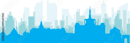 Blue panoramic city skyline poster with bluish misty transparent background buildings of BUCHAREST, ROMANIA