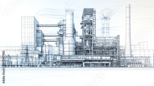 Technical drawing of a thermal power station, showing boilers, turbines, and cooling towers