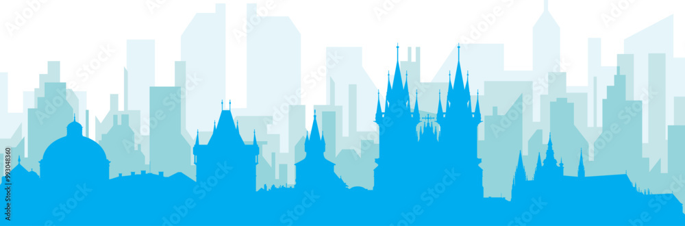 Blue panoramic city skyline poster with bluish misty transparent background buildings of PRAGUE, CZECH REPUBLIC Blue panoramic city skyline poster with bluish misty transparent background buildings of PRAGUE, CZECH REPUBLIC