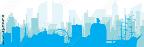 Blue panoramic city skyline poster with bluish misty transparent background buildings of GOTHENBURG, SWEDEN