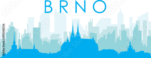 Blue panoramic city skyline poster with bluish misty transparent background buildings of BRNO, CZECH REPUBLIC