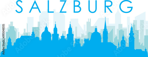Blue panoramic city skyline poster with bluish misty transparent background buildings of SALZBURG, AUSTRIA