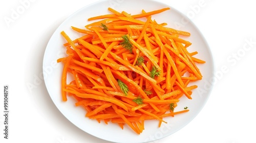 Delicious Korean carrot salad served in a pristine white plate, showcasing vibrant orange and yellow hues against a clean white background. 