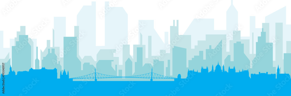 Blue panoramic city skyline poster with bluish misty transparent background buildings of BUDAPEST, HUNGARY
