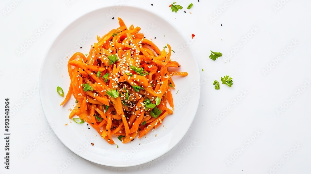Delicious Korean carrot salad served in a pristine white plate, showcasing vibrant orange and yellow hues against a clean white background. Delicious Korean carrot salad served in a pristine white plate, showcasing vibrant orange and yellow hues against a clean white background.
