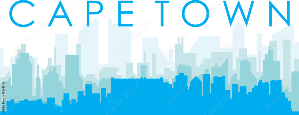 Fototapeta premium Blue panoramic city skyline poster with bluish misty transparent background buildings of CAPE TOWN, SOUTH AFRICA