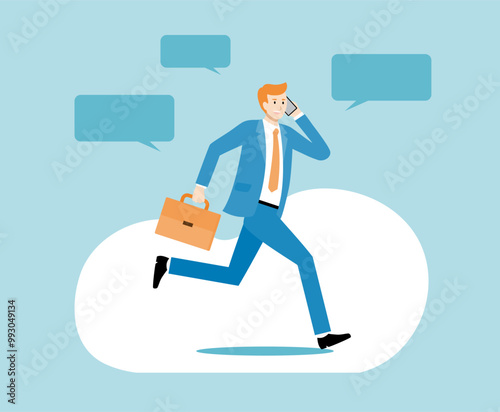 走りながらスマートフォンで通話するスーツ姿の男性のフラットなベクターイラスト画像