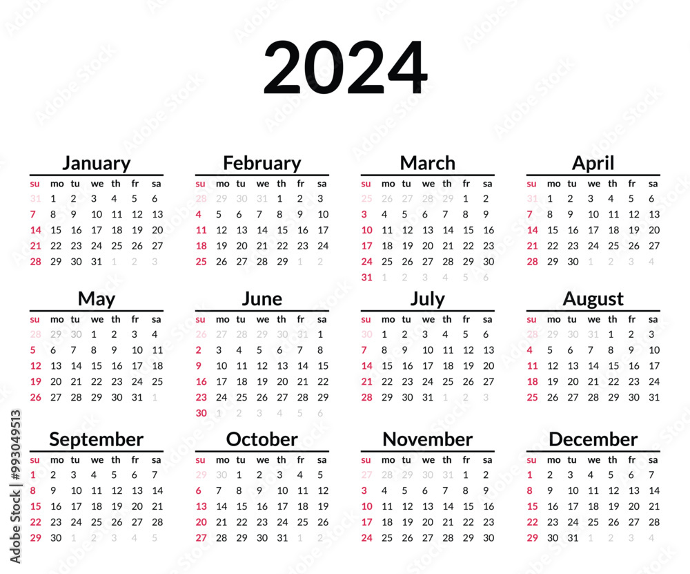 2024 calendar. Week starts on Sunday. Simple calendar layout. Yearly ...