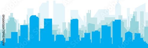 Blue panoramic city skyline poster with bluish misty transparent background buildings of DENVER, UNITED STATES