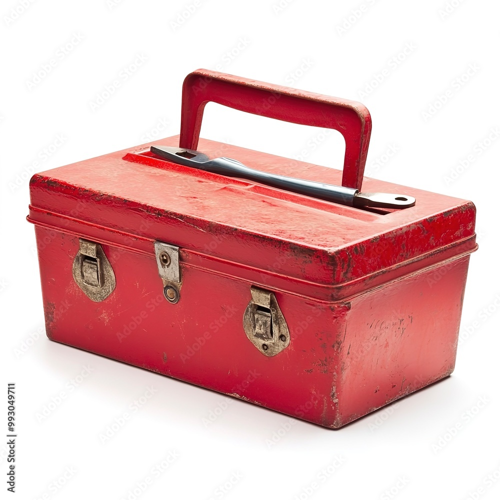 one single red toolbox with tools isolated on white background one single red toolbox with tools isolated on white background