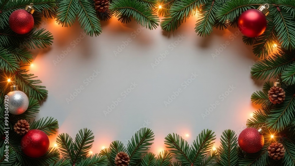 Christmas garland frame with ornaments and fairy lights, copy space in the center
Concept: festive Christmas frame, holiday decoration, Christmas garland, frame with space for text Christmas garland frame with ornaments and fairy lights, copy space in the center
Concept: festive Christmas frame, holiday decoration, Christmas garland, frame with space for text