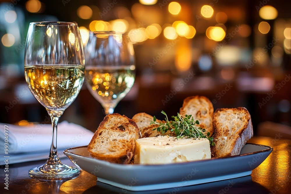 A Plate of Cheese, Toasted Bread, and Microgreens with Wine Glasses in the Foreground A Plate of Cheese, Toasted Bread, and Microgreens with Wine Glasses in the Foreground