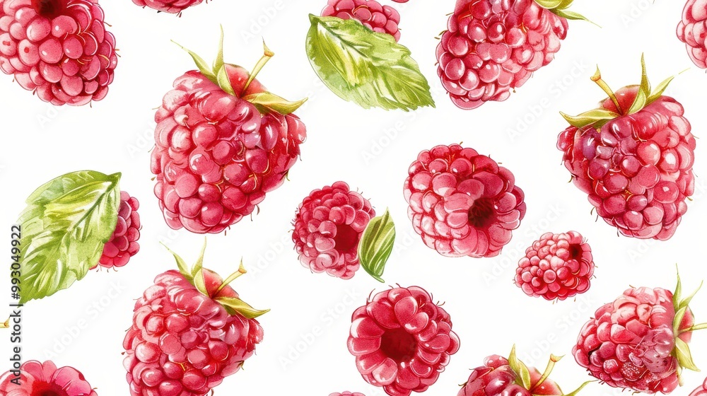 Realistic seamless pattern of ripe raspberries with water droplets isolated on white. Ideal for fresh, juicy, and summer-themed designs. Realistic seamless pattern of ripe raspberries with water droplets isolated on white. Ideal for fresh, juicy, and summer-themed designs.