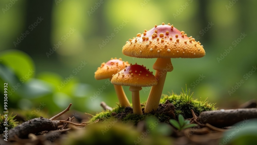 Group of three orange-red mushrooms with yellow speckles, growing in a forest with blurred background
Concept: wild forest mushrooms, nature growth, forest fungi, autumn forest scene, natural beauty Group of three orange-red mushrooms with yellow speckles, growing in a forest with blurred background
Concept: wild forest mushrooms, nature growth, forest fungi, autumn forest scene, natural beauty