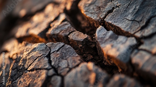 A close-up of cracked, weathered wood showing intricate textures and warm tones illuminated by soft light.