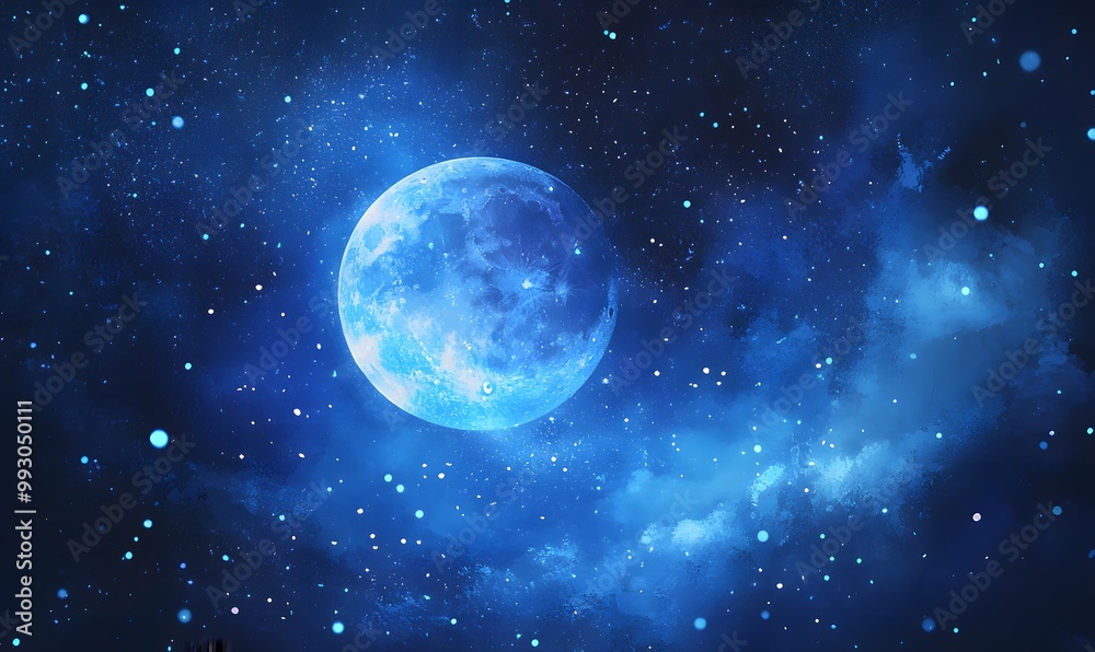 Abstract digital painting depicting a blue moon in a starry sky, Generative AI Abstract digital painting depicting a blue moon in a starry sky, Generative AI