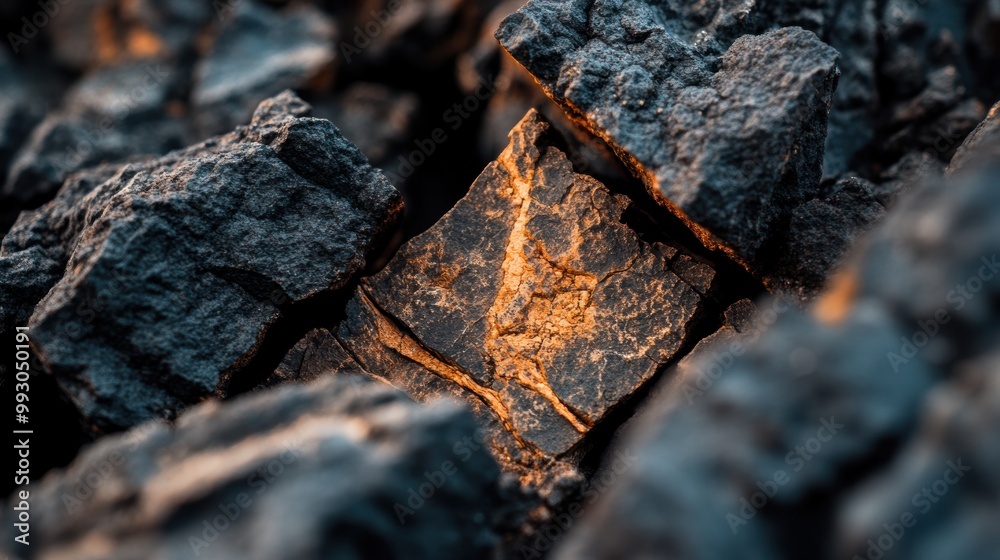 Close-up shot of textured black coal pieces, with a hint of light revealing intricate patterns and colors within the cracks. Close-up shot of textured black coal pieces, with a hint of light revealing intricate patterns and colors within the cracks.