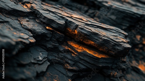 The image showcases a close-up view of charred wood, revealing dark textures with subtle orange highlights from internal glow.