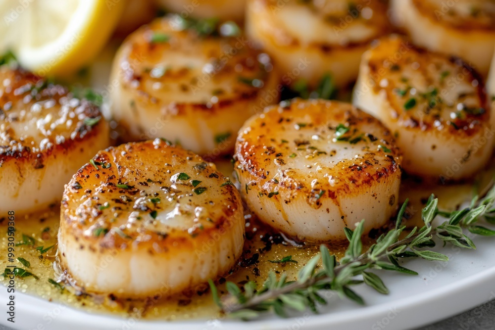 Close-Up of Pan-Seared Scallops with Herbs and Butter Sauce Close-Up of Pan-Seared Scallops with Herbs and Butter Sauce