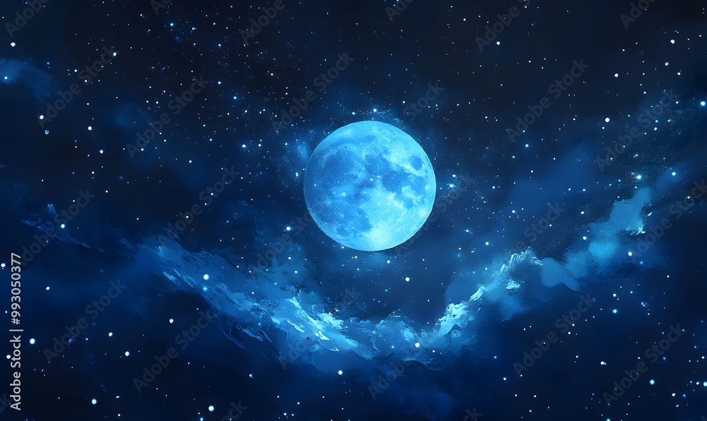 Obraz premium Abstract digital painting depicting a blue moon in a starry sky, Generative AI