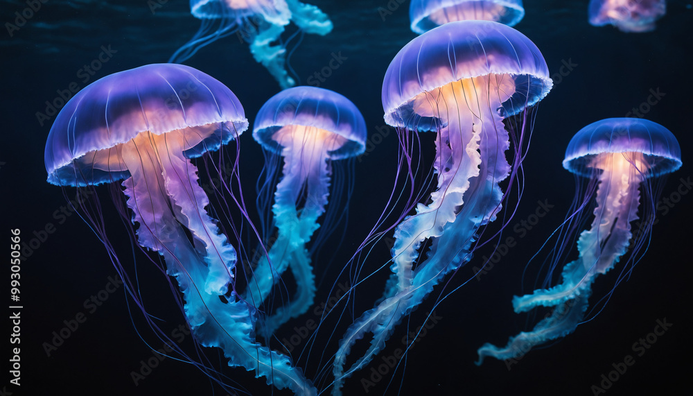 Méduses violettes bioluminescentes fond-marin sombre eau nager tentacules. Méduses violettes bioluminescentes fond-marin sombre eau nager tentacules.