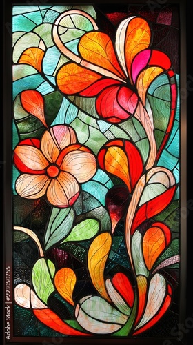 Intricate Stained Glass Window with Colorful Floral Design photo