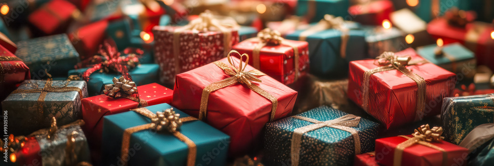 Fototapeta premium Christmas gift boxes as panorama background