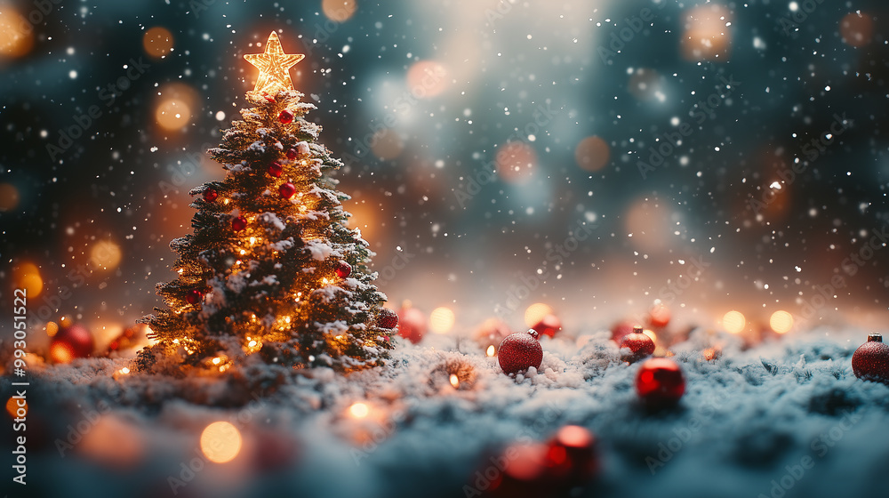 Naklejka premium Christmas village background. Christmas tree close up with blurred holiday lights, gifts and forest neighborhood miniature backdrops