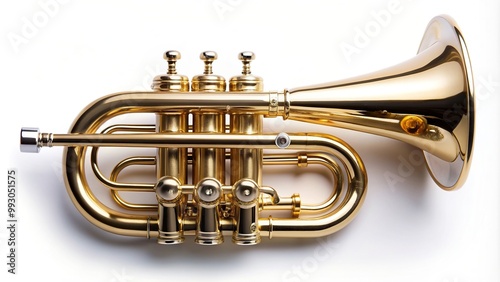 A classical wind musical instrument the cornet isolated on a white background in a high angle shot, jazz, musician, concert, sound,cornet, classical, white background, performance