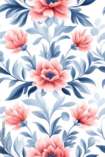 A colorful floral pattern featuring pink peonies and blue leaves on a white background, creating a fresh and vibrant aesthetic.