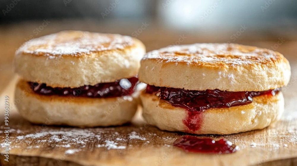 English Muffins with Jam Splattering Between Halves English Muffins with Jam Splattering Between Halves