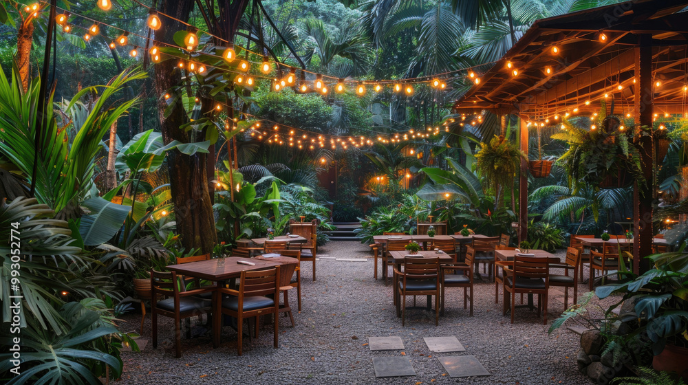 Fototapeta premium A beautiful nature-themed restaurant with open-air seating surrounded by lush greenery