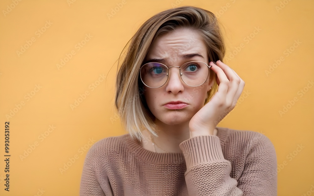 sadly young woman isolated yellow background with copy space sadly young woman isolated yellow background with copy space