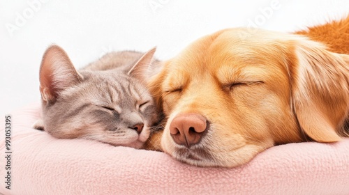 A serene moment of a sleeping cat and dog snuggled together on a soft pink bed, showcasing their bond and tranquility.