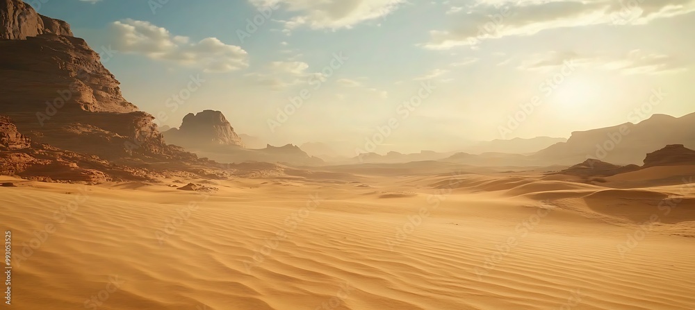 Naklejka premium A serene, desert landscape with a clear sky and a large area for text