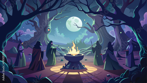 Print Witches Coven in a Haunted Forest Clearing Halloween Background Vector Illustration