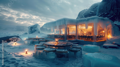 A unique nature restaurant set in an icy, snowy landscape, offering cozy outdoor seating amidst the snow